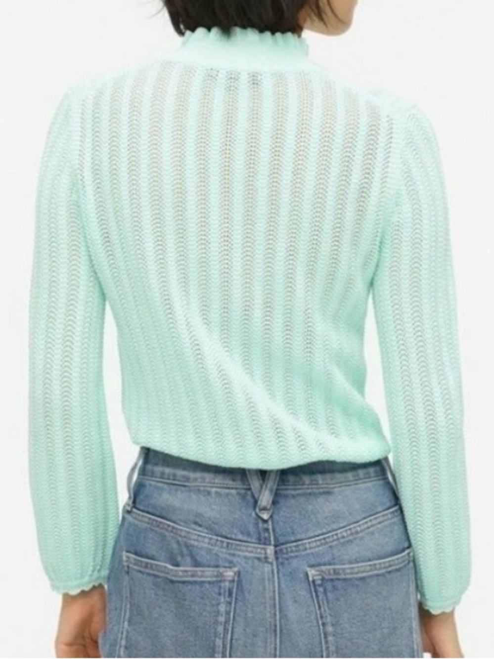 J. Crew Pointelle Ruffle Mockneck Green Sweater M - Picture 2 of 7